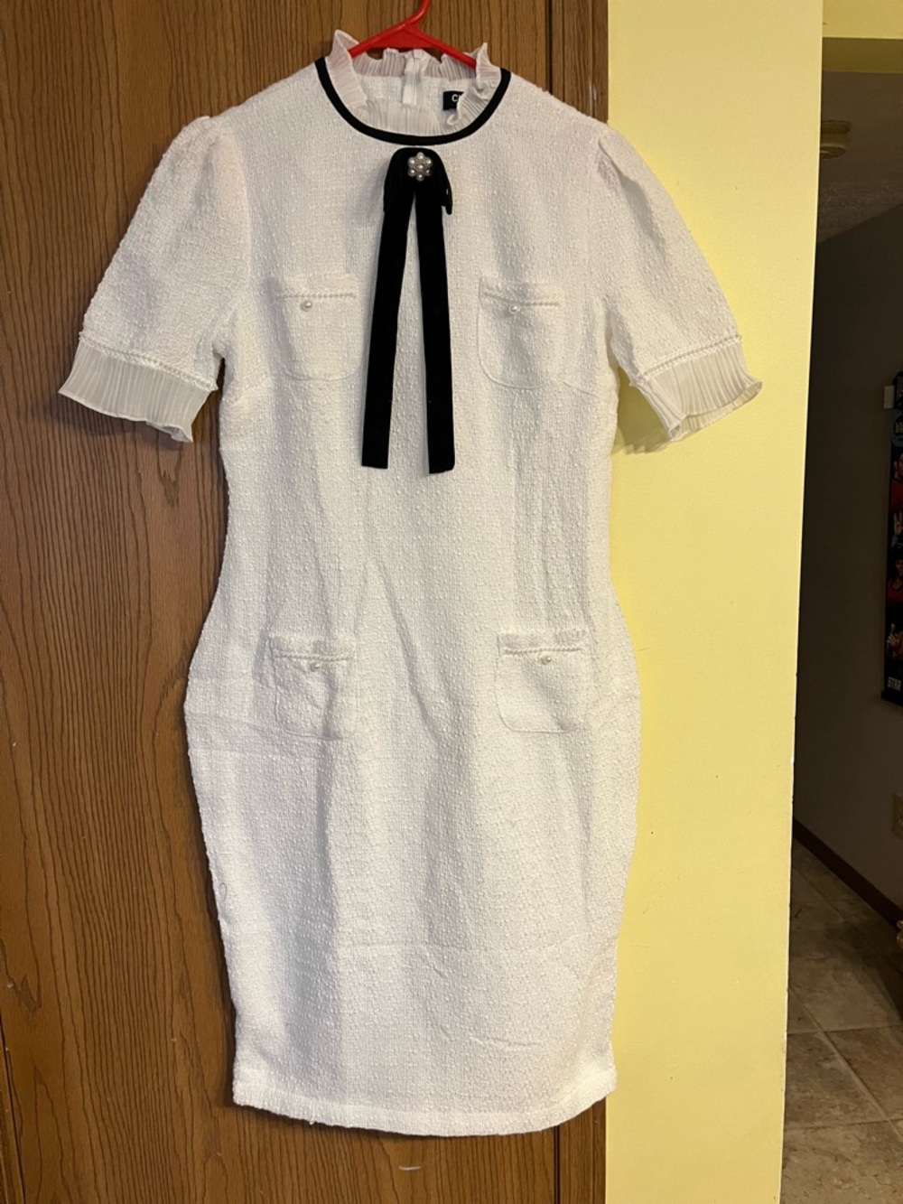 White Textured Bow-Accent Sheath Dress